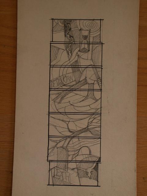 [Design drawing for stained glass window with "Death by...