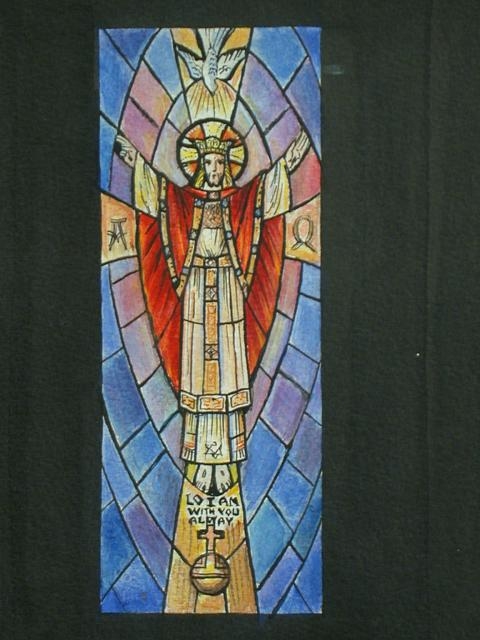 [Design drawing for stained glass window with text "Lo I...
