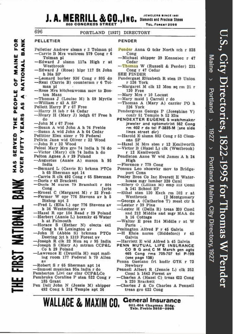 Thomas William Pender Sr --U.S., City Directories, 1822-1995(1927)