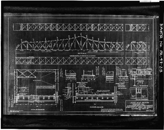 23. ELEVATION, PLAN, TYPICAL SECTIONS THROUGH DECK,...