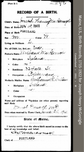 Joseph Henry McGonigle--Maine, U.S., Birth Records, 1715-1922(1911)