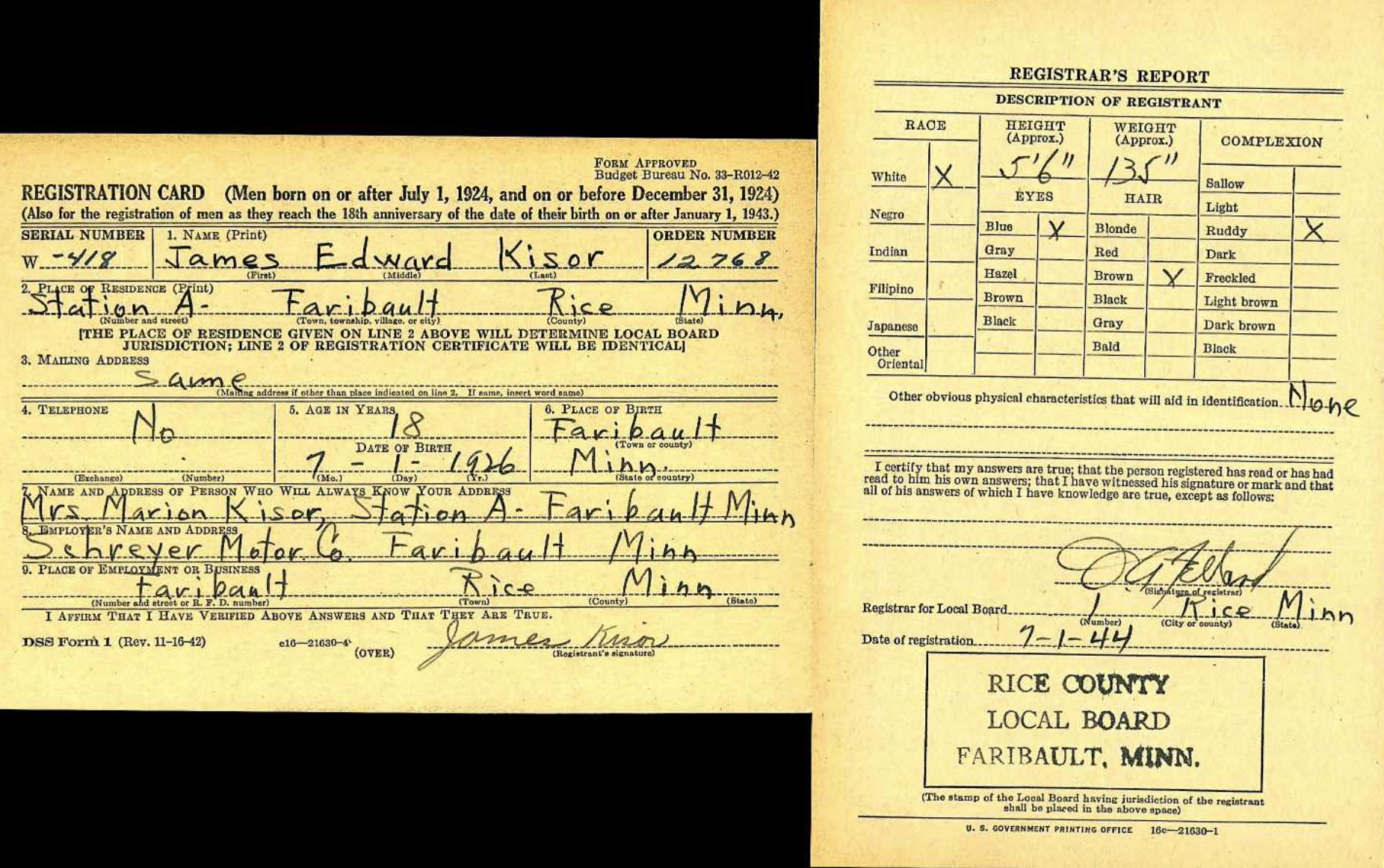 James Edward Kisor WWII Draft