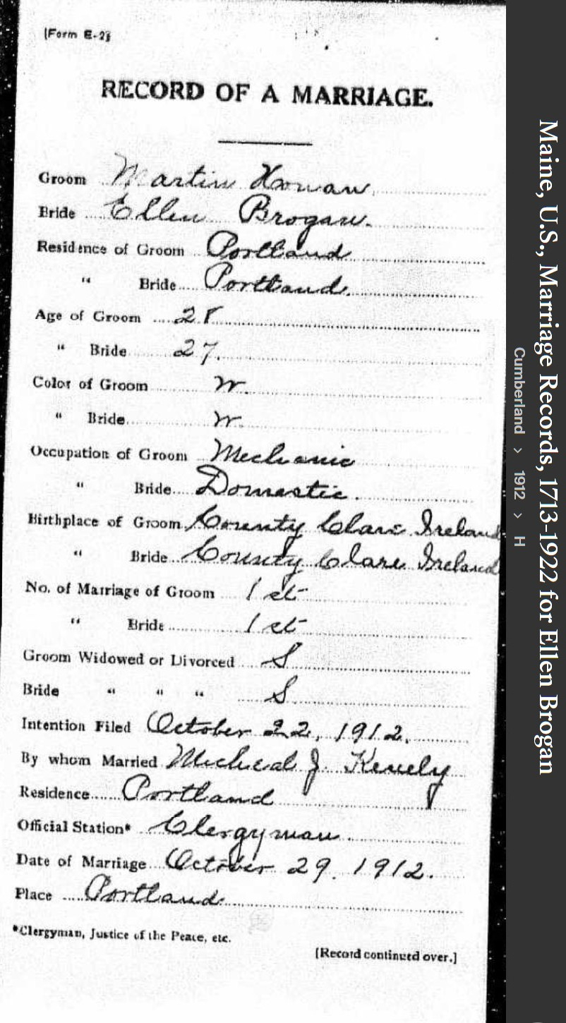 Ellen Theresa Brogan-Honan--Maine, U.S., Marriage Records, 1713-1922(1912)