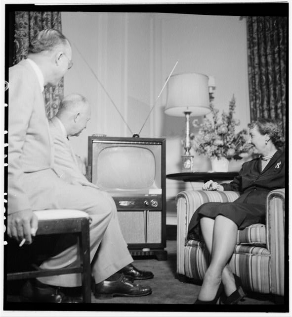 [Dwight and Mamie Eisenhower watching a television during...