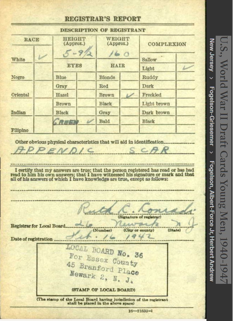 Joseph Cornelius Foley--U.S., World War II Draft Cards Young Men, 1940-1947(16  feb 1942) back