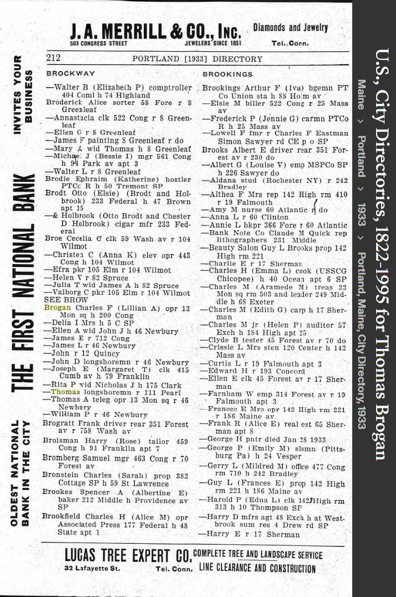 Thomas Michael Brogan --U.S., City Directories, 1822-1995(1933)