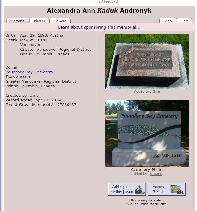 Alexandra Ann Kaduk Andronyk Gravesite