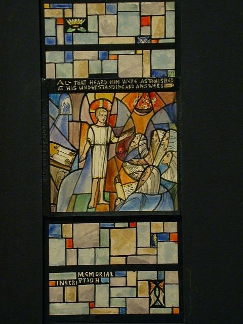 [Design drawing for stained glass memorial window showing...