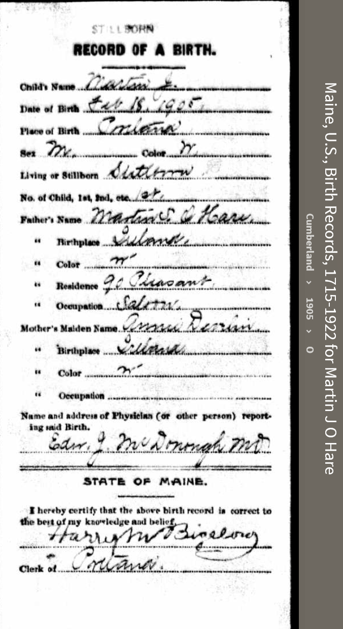 Martin J O'Hare--Maine, U.S., Birth Records, 1715-1922(1905)
