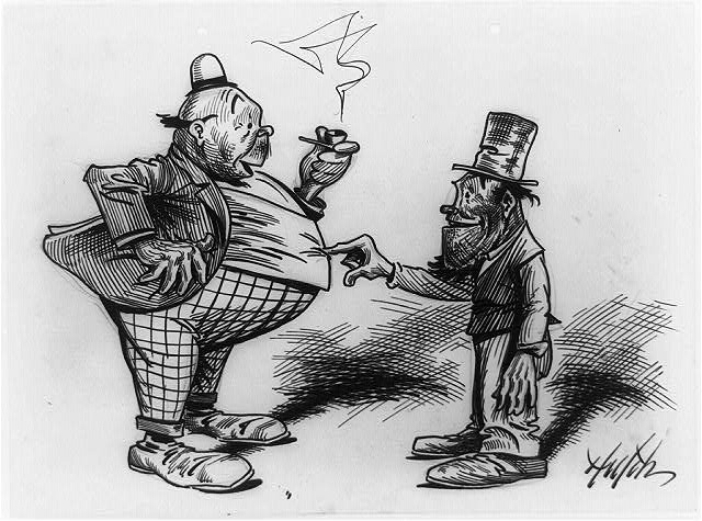 [Man poking fat man in stomach]