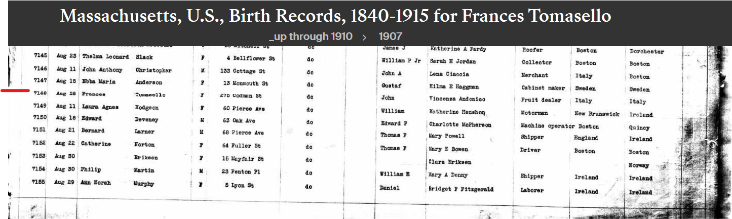 Frances Barbara (Tomasello) Ohara --Massachusetts, U.S., Birth Records, 1840-1915(1907)