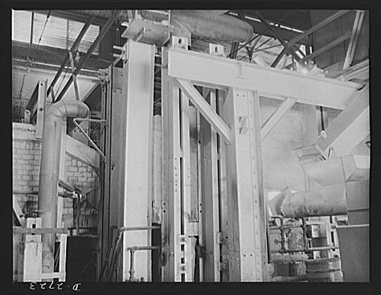 Fiberglass manufacture, Owens-Corning, Toledo, Ohio. Side...