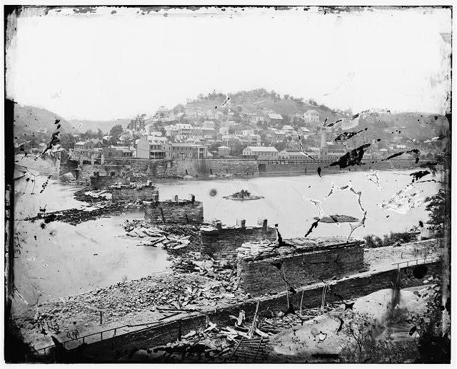 [Harper's Ferry, W. Va. View of town; railroad bridge in...