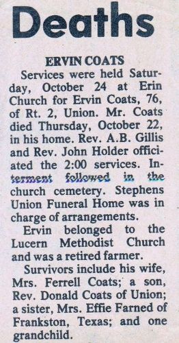 Ervin Coats Obituary