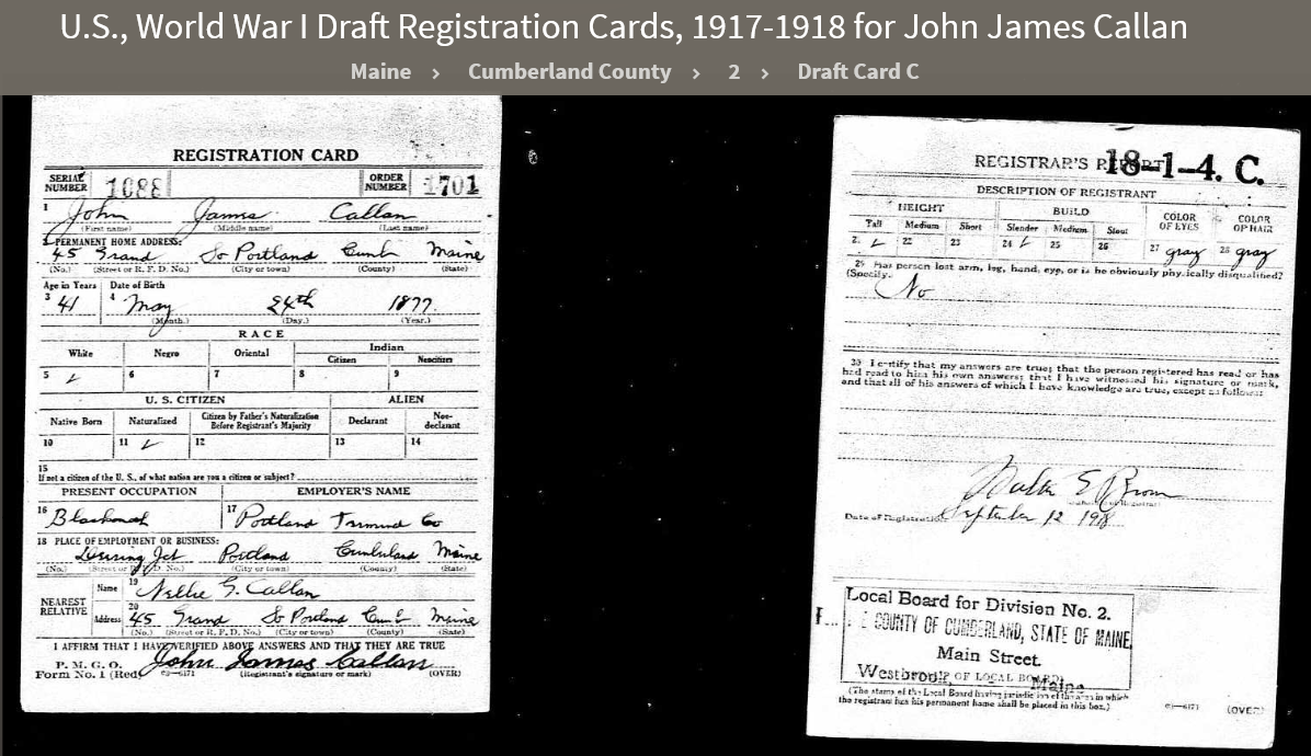 John James Callan-- U.S., World War I Draft Registration Cards, 1917-1918(12 sept 1918)