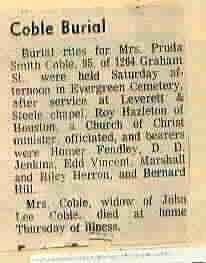 Burial notice for Pruda (Prudie) Smith Coble