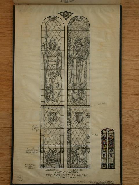 [Design drawing for stained glass Army windows with...