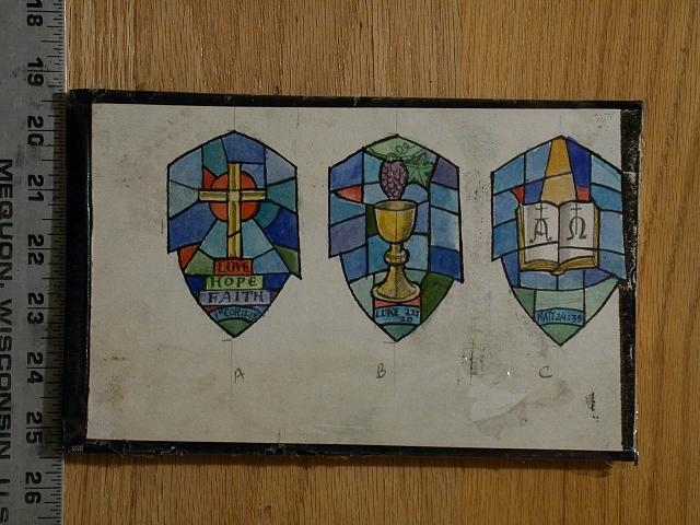 [Design drawing for three shield-shaped stained glass...