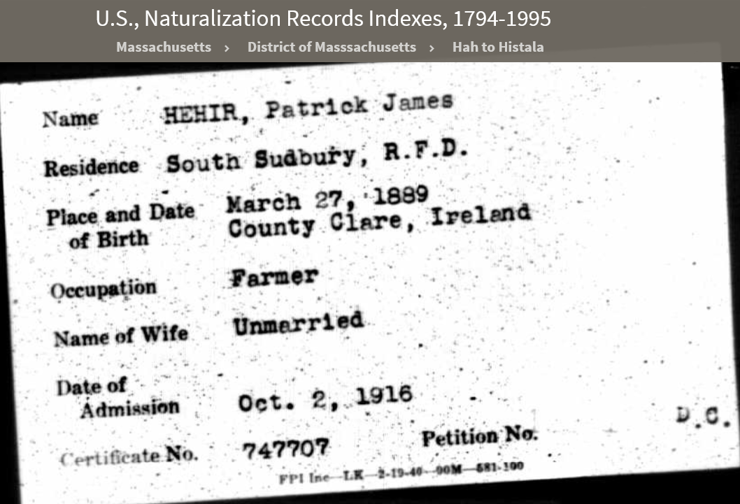 Patrick James Hehir jr--U.S., Naturalization Records Indexes, 1794-1995(2 oct 1916)