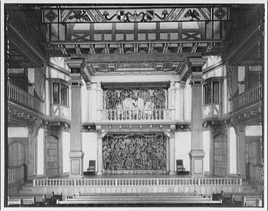 Folger Library interiors. Stage of theater at Folger...
