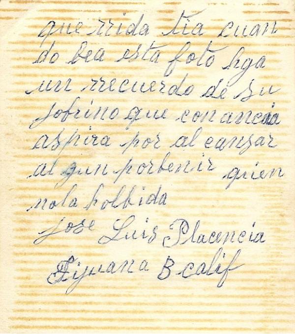 Inscription on the back of Jose Luis Placencia's photo