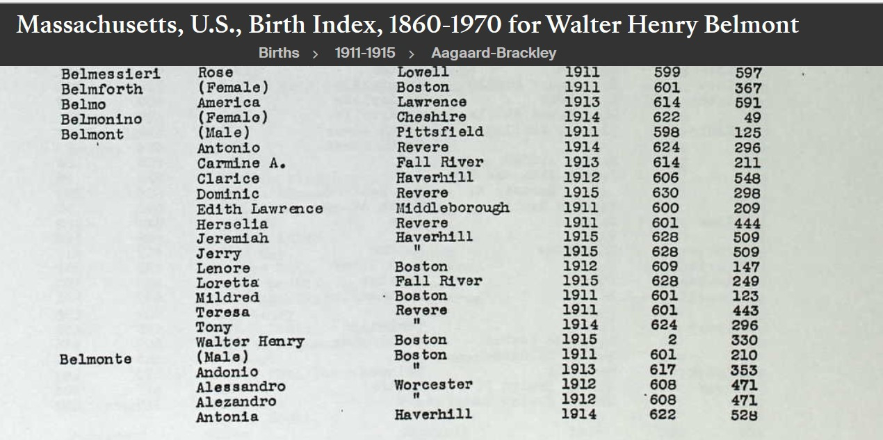 Walter Henry Belmont Jr--Massachusetts, U.S., Birth Index, 1860-1970(1915)