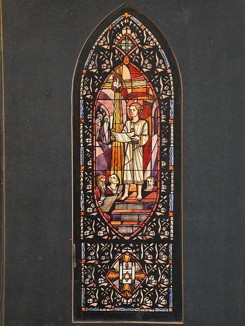 [Design drawing for stained glass window showing In The...