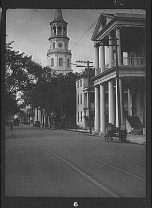 View down street to St. Michael's Church, Charleston,...