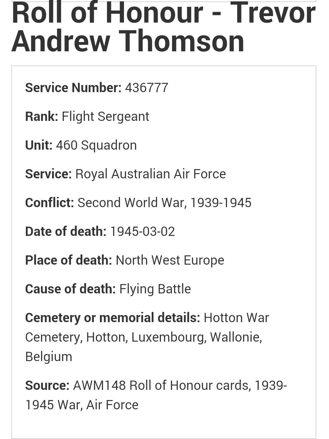 Trevor Andrew Thomson, Roll of Honor
