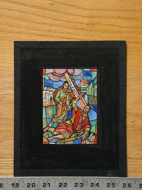 [Design drawing for stained glass window showing The...