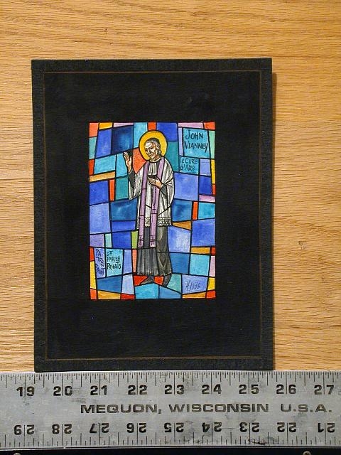 [Design drawing for stained glass window with text "John...