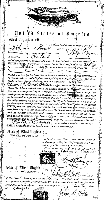 Philip Coyne's Naturalization Certificate, 20 Aug 1872