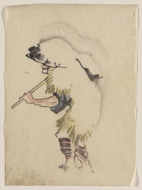 [A man walking to the left, wearing a large conical hat...