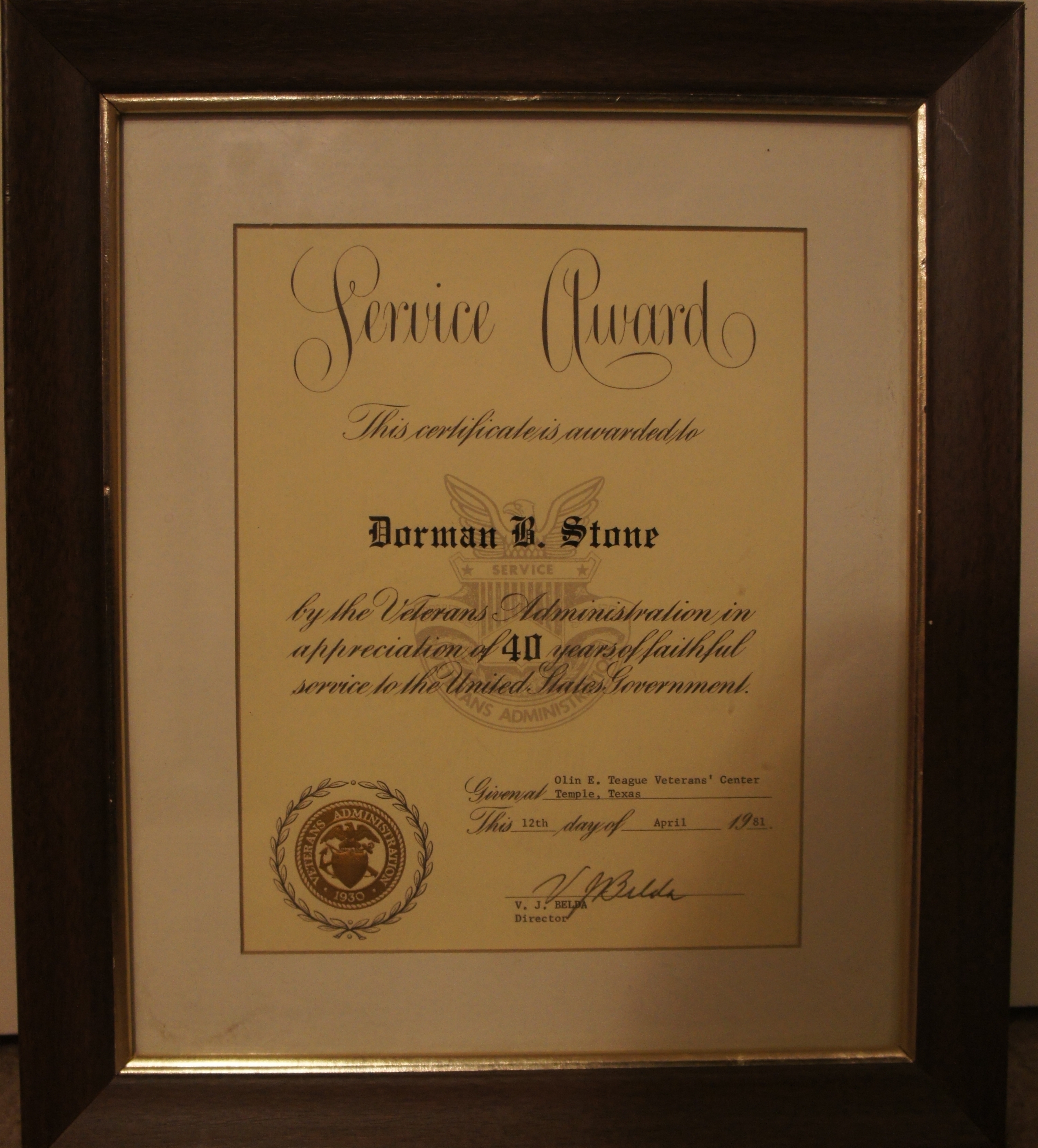 Dorman B Stone service award