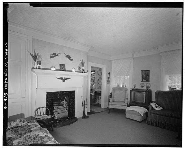 5. FIRST FLOOR ROOM, SOUTH AND WEST WALLS OF ROOM IN...