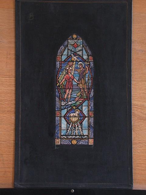 [Design drawing for stained glass window showing Baptism...