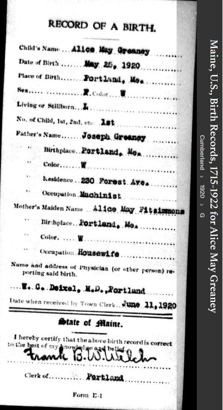 Alyce May (Greaney) Joy --Maine, U.S., Birth Records, 1715-1922(1920)