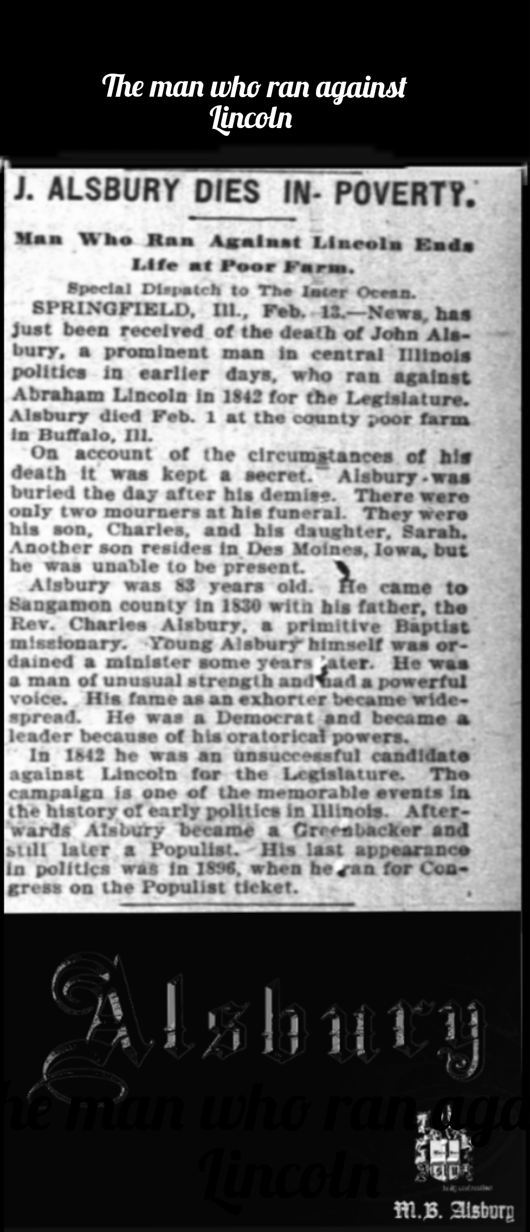 John Alsbury the man who ran against Abraham Lincoln 