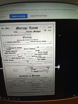 Marriage license of daughter Ruth 