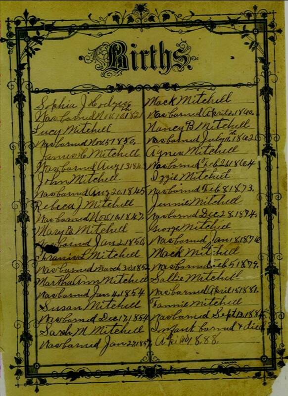 Births page from Mitchell family bible