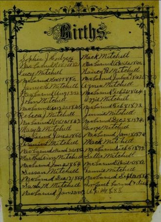 Births page from Mitchell family bible