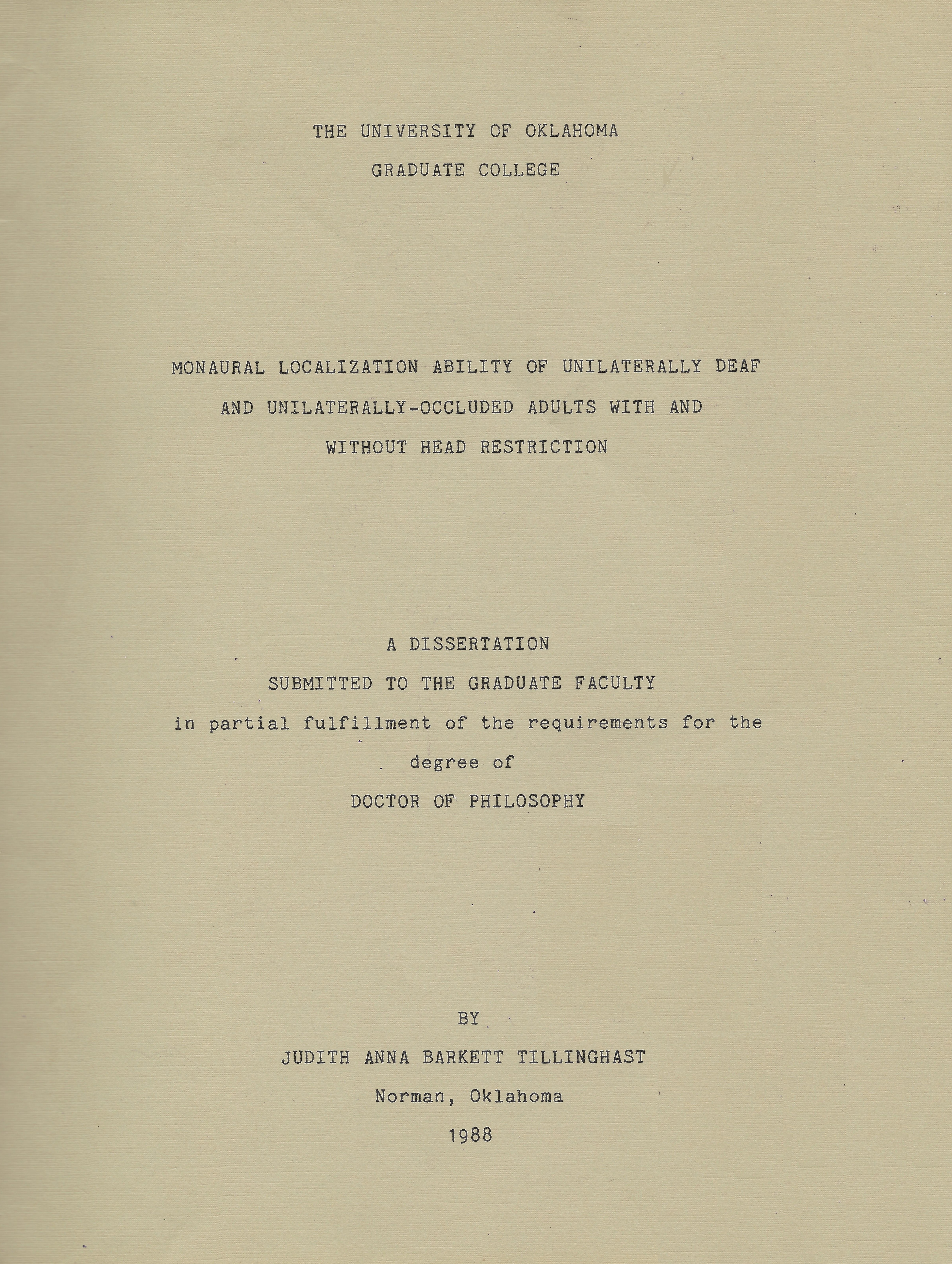 Judith Tillinghast's Doctoral Thesis