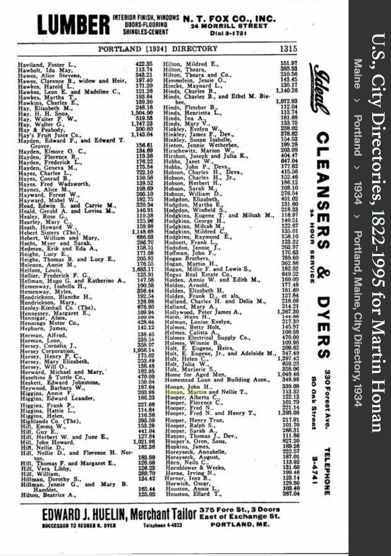 Martin Matthew Honan Sr--U.S., City Directories, 1822-1995(1934)