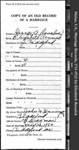 Elizabeth Maryann-Renwick-Donahue--Maine, U.S., Marriage Records, 1713-1922(1886)