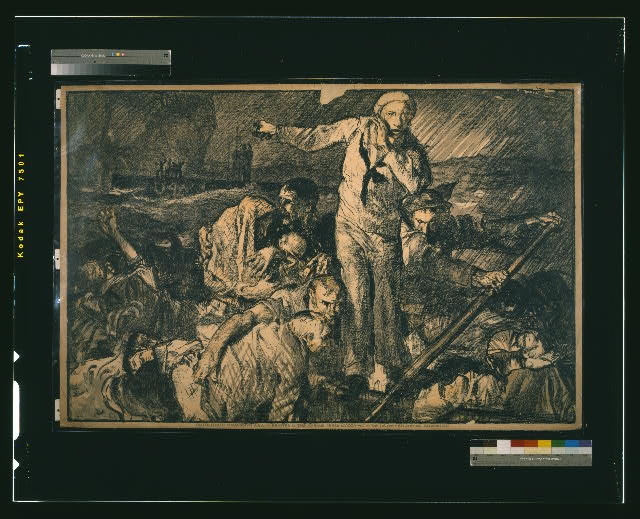 [Sailors and others in a lifeboat, as one sailor gestures...