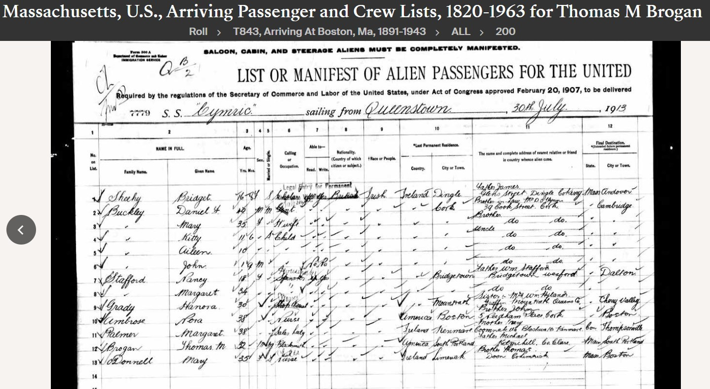 Thomas Michael Brogan --Massachusetts, U.S., Arriving Passenger and Crew Lists, 1820-1963 (30 jul1913)