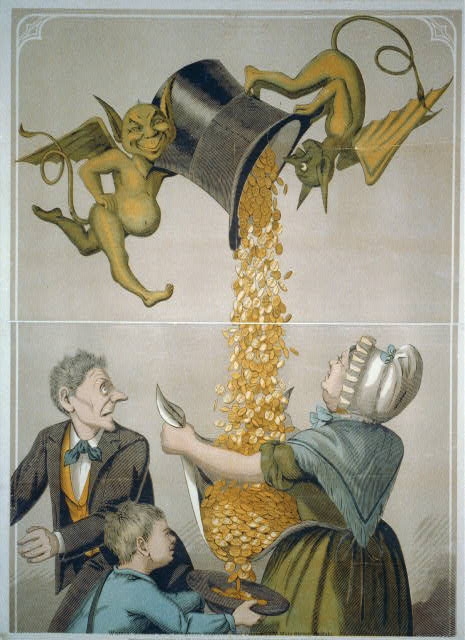 [Devils pouring gold coins from hat into woman's apron...