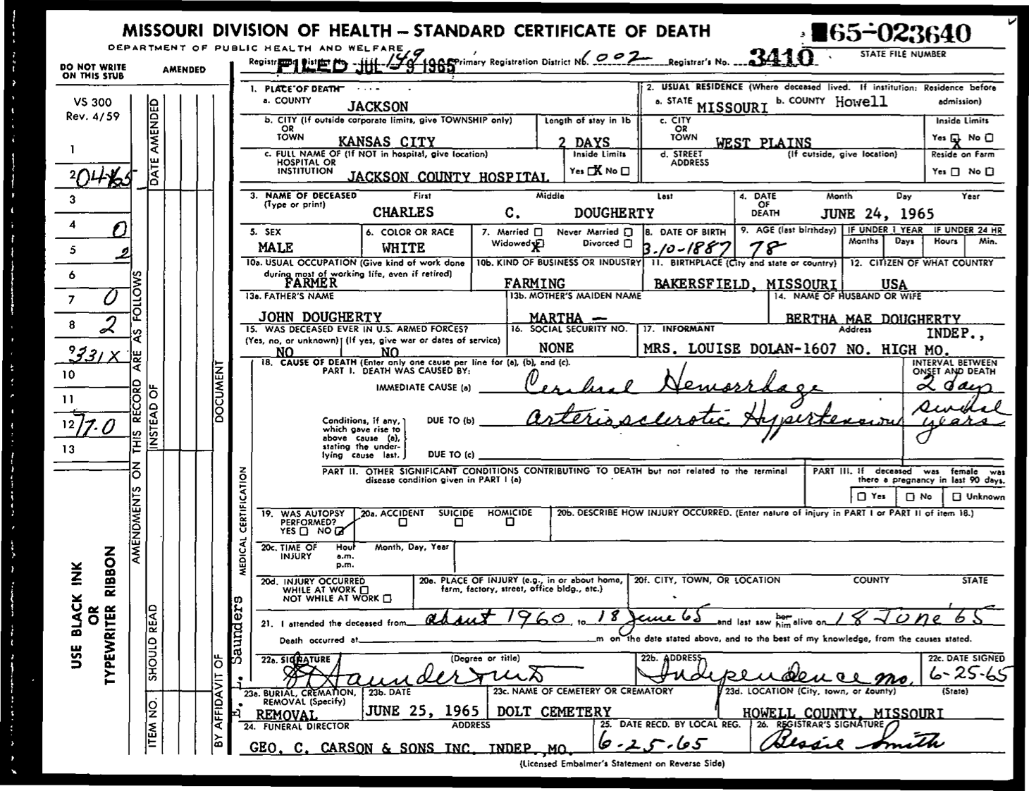 Charles C. Dougherty Death Certificate