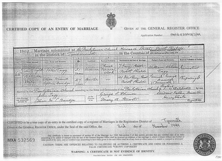 John Tagg & Alice Bavidge Marriage Certificate