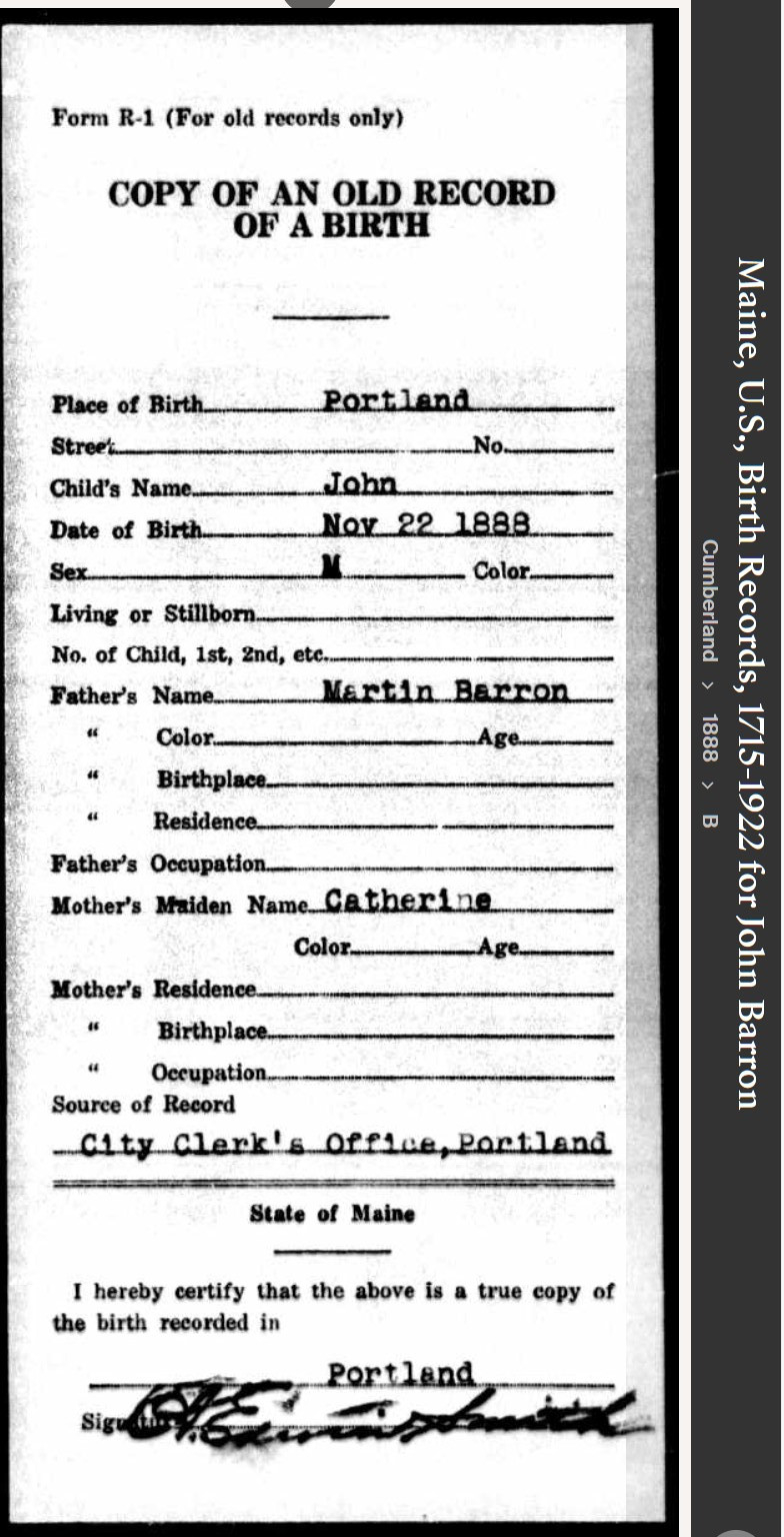 John Joseph Barron--Maine, U.S., Birth Records, 1715-1922(1888)
